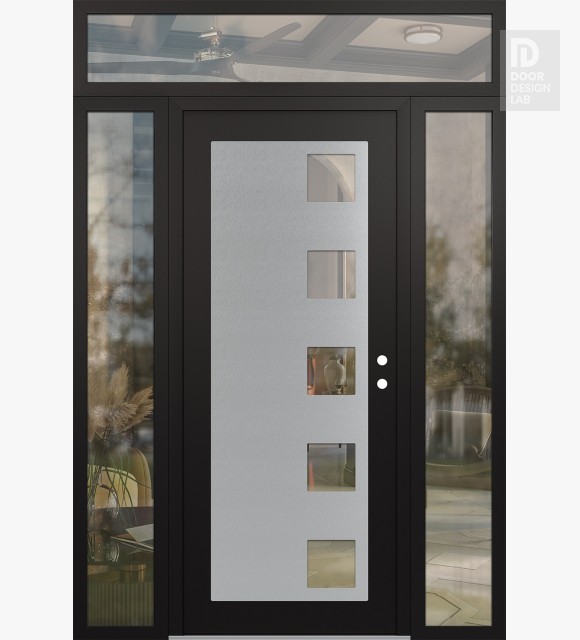 Modern Steel Front Door Diamond C5 60" x 96" black/black clear Glass Panel stainless steel LHI with 2 Sidelites and Transom clear Glass