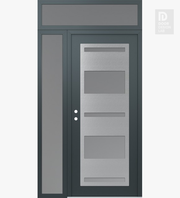 Modern Steel Front Door Diamond C10 52" x 96" anthracite/anthracite frosted Glass Panel stainless steel RHI with Sidelite and Transom frosted Glass