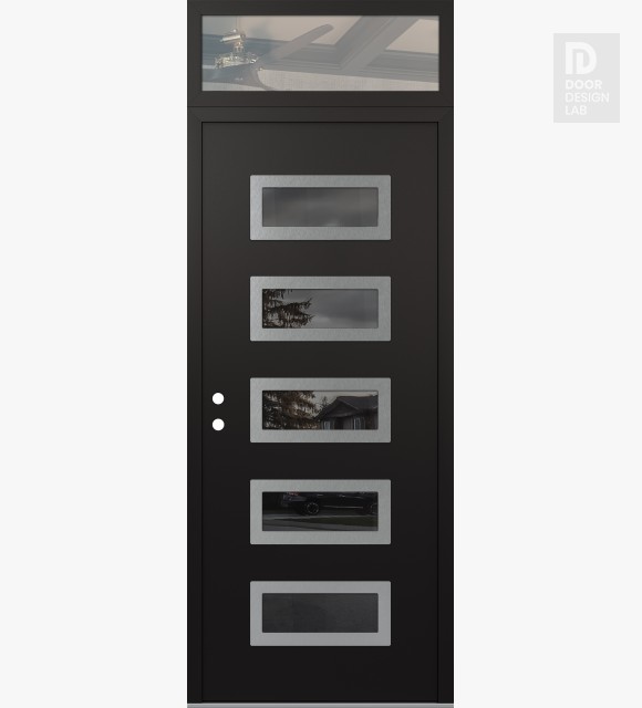 Modern Steel Front Door Diamond D1 36" x 96" black/black mirrored Glass Panel stainless steel RHI with Transom clear Glass