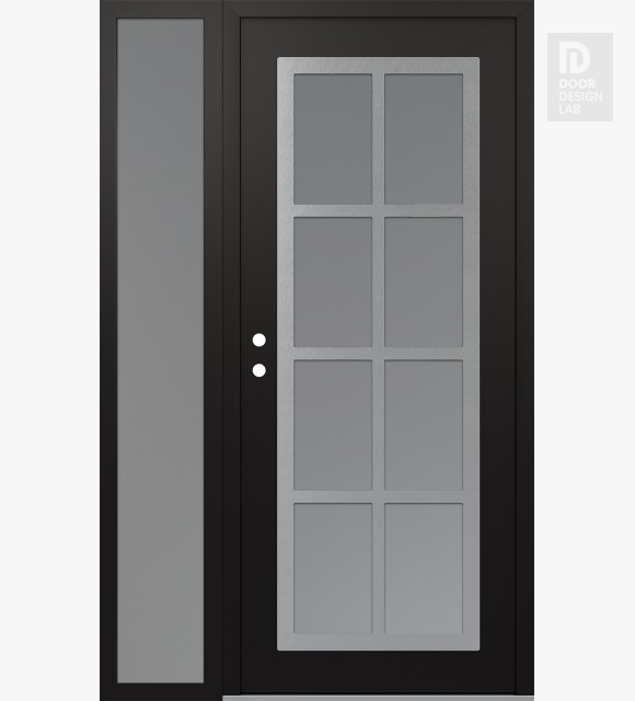 Modern Steel Front Door Diamond C16 52" x 80" black/white frosted Glass Panel stainless steel RHI with Sidelite frosted Glass