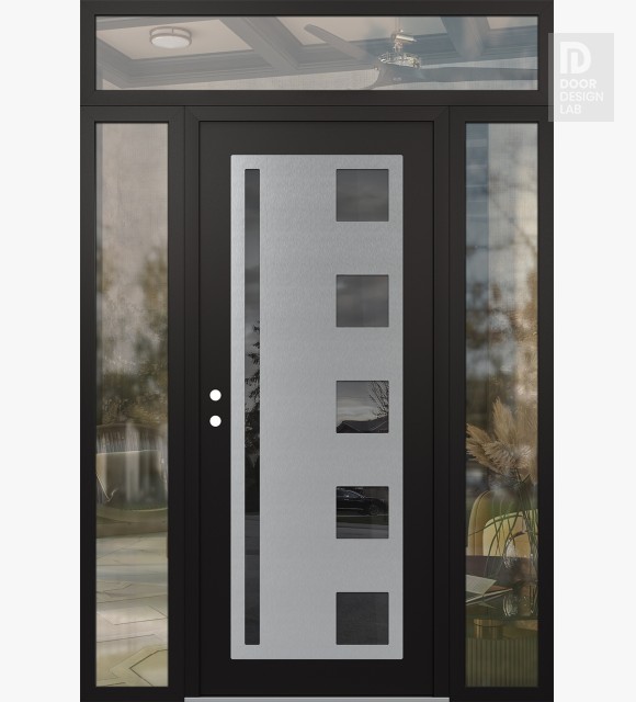 Modern Steel Front Door Diamond C3 68" x 96" black/black mirrored Glass Panel stainless steel RHI with 2 Sidelites and Transom clear Glass