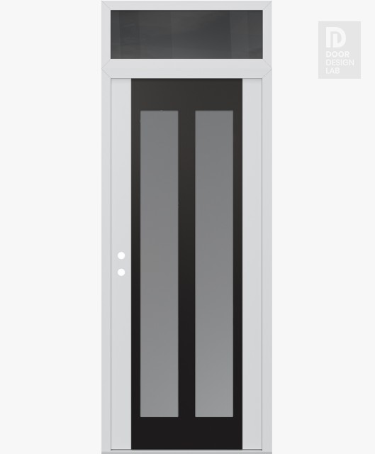 Modern Steel Front Door Diamond C14 36" x 96" white/white frosted Glass Panel black RHI with Transom mirrored Glass