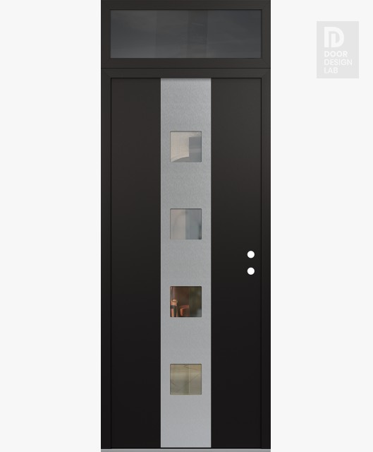 Modern Steel Front Door DIAMOND A12 36" X 96" BLACK/BLACK CLEAR GLASS PANEL STAINLESS STEEL LHI WITH TRANSOM MIRRORED GLASS
