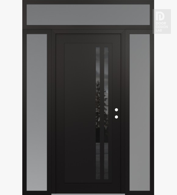 Modern Steel Front Door Diamond C6 60" x 96" black/black mirrored Glass Panel black LHI with 2 Sidelites and Transom frosted Glass