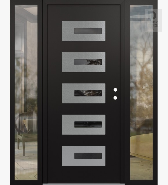 Modern Steel Front Door Diamond D6 60" x 80" black/black mirrored Glass Panel stainless steel LHI with 2 Sidelites clear Glass