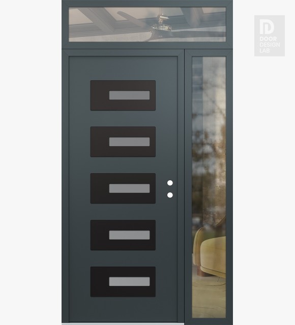 Modern Steel Front Door Diamond D6 52" x 96" anthracite/anthracite frosted Glass Panel black LHI with Sidelite and Transom clear Glass