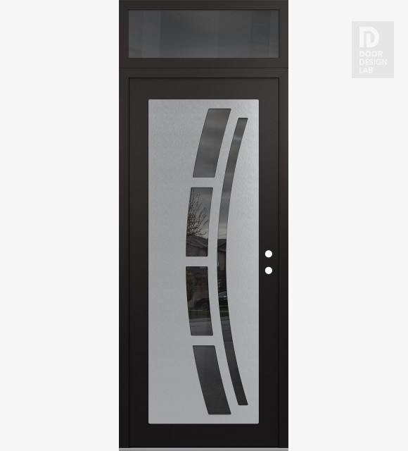 Modern Steel Front Door Diamond C12 36" x 96" black/black mirrored Glass Panel stainless steel LHI with Transom mirrored Glass