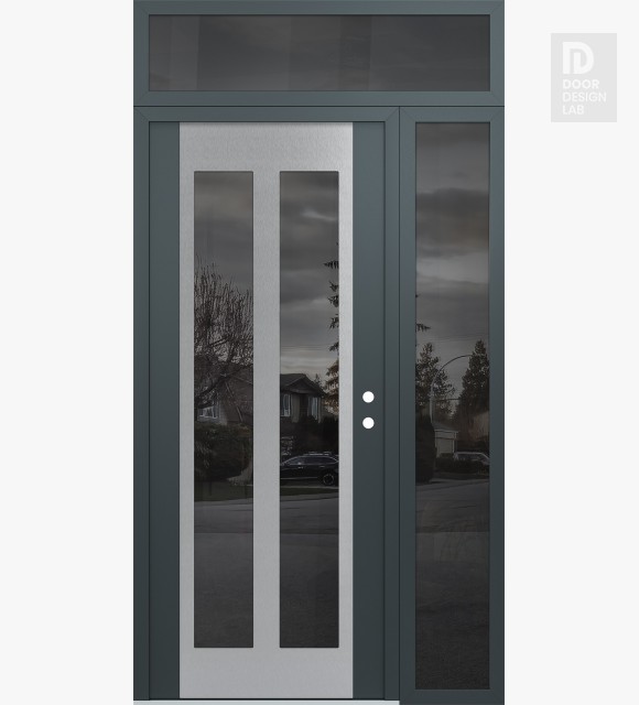 Modern Steel Front Door Diamond C14 52" x 96" anthracite/anthracite mirrored Glass Panel stainless steel LHI with Sidelite and Transom mirrored Glass