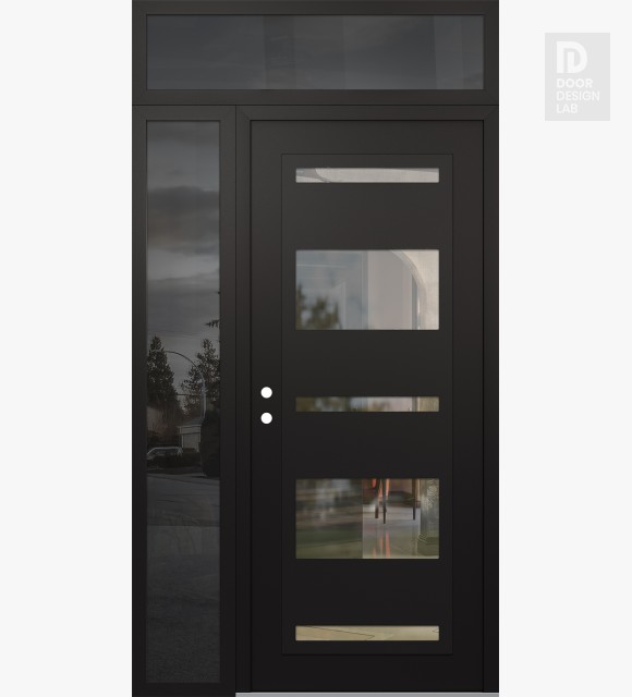 Modern Steel Front Door Diamond C10 50" x 96" black/black clear Glass Panel black RHI with Sidelite and Transom mirrored Glass