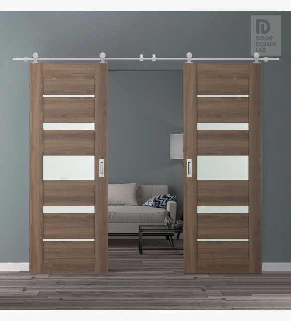 DOUBLE BARN DOOR AVON 07-03 VETRO PECAN NUTWOOD 72" X 84" X 1 3/4" STAINLESS STEEL HARDWARE
