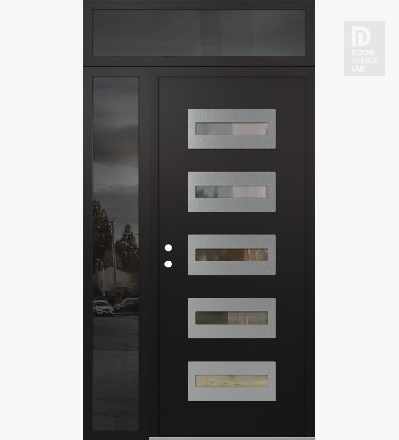 Modern Steel Front Door Diamond D4 52" x 96" black/black clear Glass Panel stainless steel RHI with Sidelite and Transom mirrored Glass