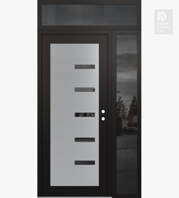 Modern Steel Front Door Diamond C8 48" x 96" black/black mirrored Glass Panel stainless steel LHI with Sidelite and Transom mirrored Glass