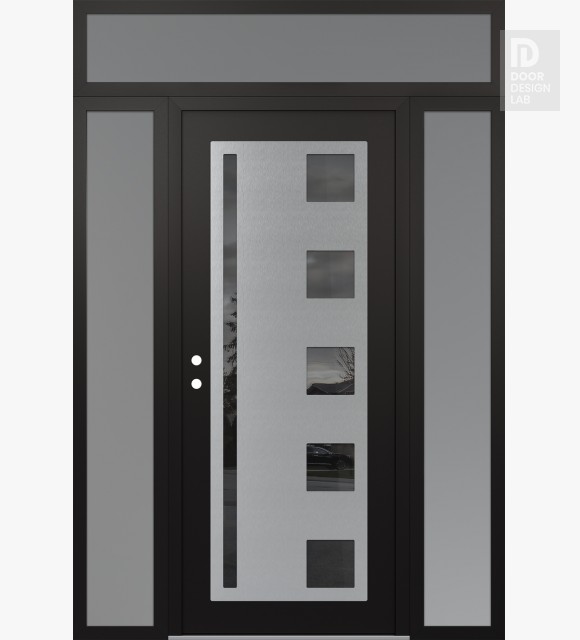Modern Steel Front Door Diamond C3 60" x 96" black/black mirrored Glass Panel stainless steel RHI with 2 Sidelites and Transom frosted Glass
