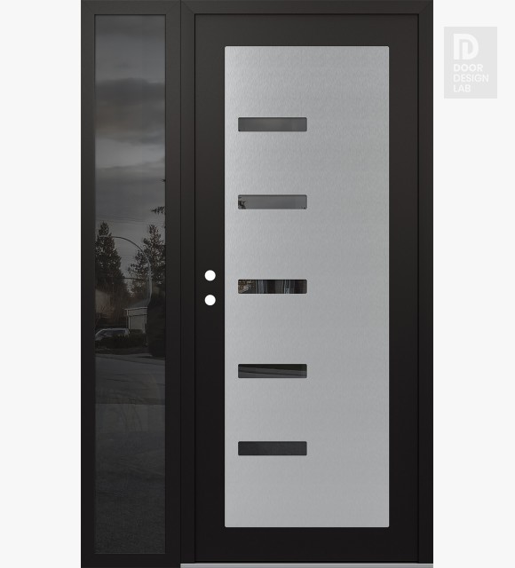 Modern Steel Front Door Diamond C8 48" x 80" black/black mirrored Glass Panel stainless steel RHI with Sidelite mirrored Glass