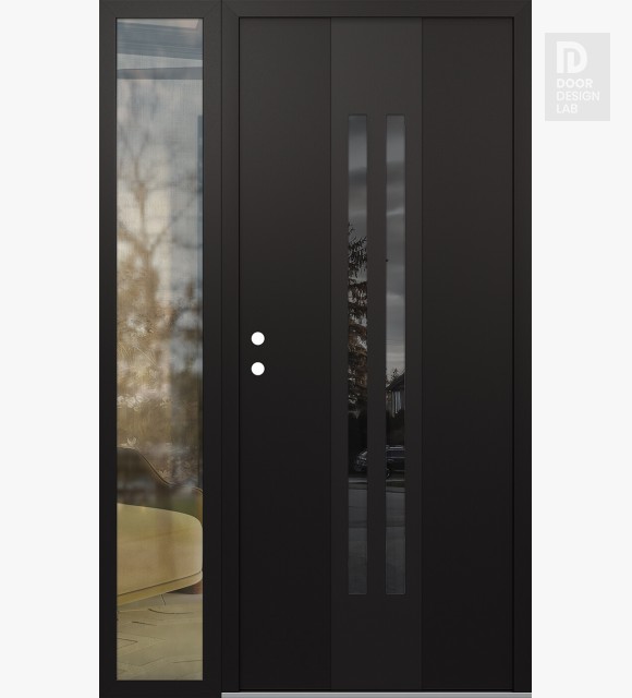 Modern Steel Front Door DIAMOND A8 48" X 80" BLACK/BLACK MIRRORED GLASS PANEL BLACK RHI WITH SIDELITE CLEAR GLASS
