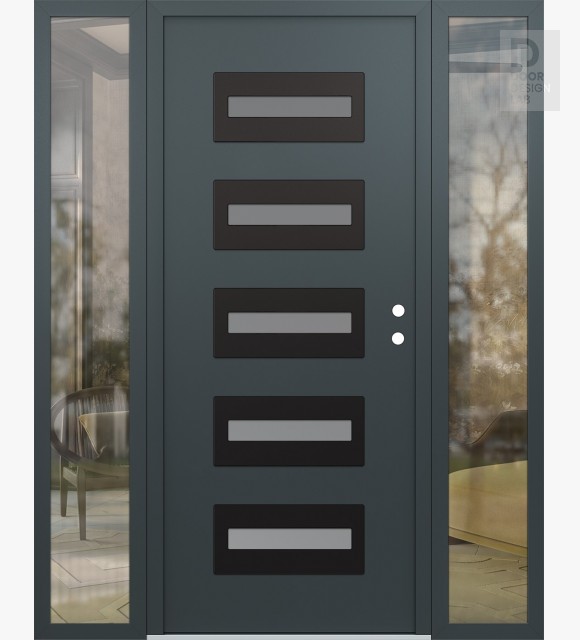 Modern Steel Front Door Diamond D4 64" x 80" anthracite/anthracite frosted Glass Panel black LHI with 2 Sidelites clear Glass