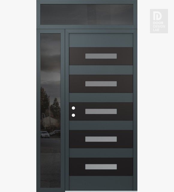 Modern Steel Front Door Diamond D9 48" x 96" anthracite/anthracite frosted Glass Panel black RHI with Sidelite and Transom mirrored Glass