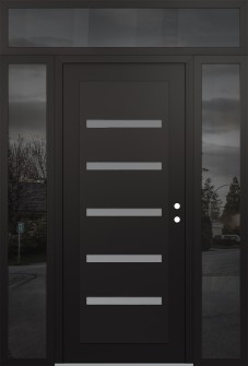 Diamond C7 64" x 96" black/white frosted Glass Panel black LHI with 2 Sidelites and Transom mirrored Glass