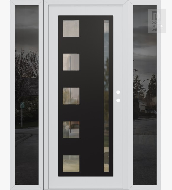 Modern Steel Front Door Diamond C3 64" x 80" white/white clear Glass Panel black LHI with 2 Sidelites mirrored Glass