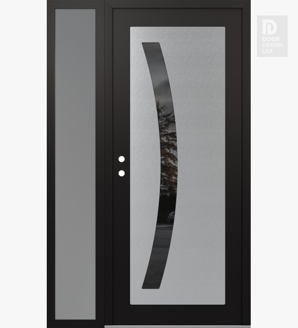 Modern Steel Front Door Diamond C4 52" x 80" black/black mirrored Glass Panel stainless steel RHI with Sidelite frosted Glass