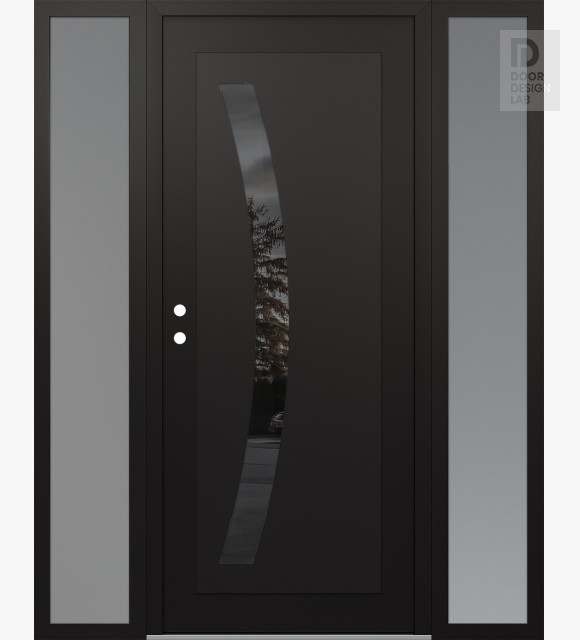 Modern Steel Front Door Diamond C4 68" x 80" black/black mirrored Glass Panel black RHI with 2 Sidelites frosted Glass