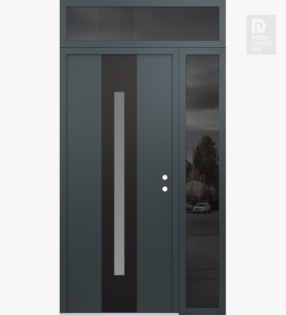 Modern Steel Front Door DIAMOND A2 52" X 96" ANTHRACITE/ANTHRACITE FROSTED GLASS PANEL BLACK LHI WITH SIDELITE AND TRANSOM MIRRORED GLASS