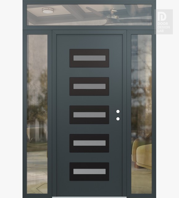 Modern Steel Front Door Diamond D4 68" x 96" anthracite/anthracite frosted Glass Panel black LHI with 2 Sidelites and Transom clear Glass