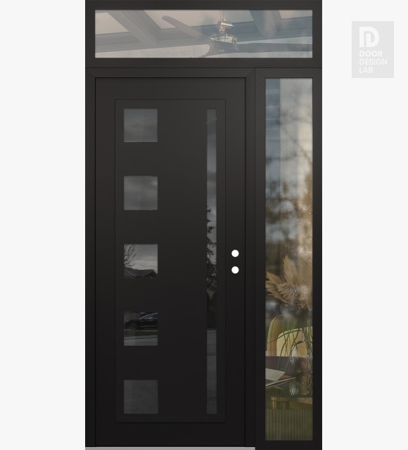 Modern Steel Front Door Diamond C3 48" x 96" black/black mirrored Glass Panel black LHI with Sidelite and Transom clear Glass