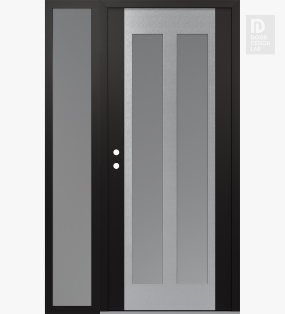 Modern Steel Front Door Diamond C14 50" x 80" black/white frosted Glass Panel stainless steel RHI with Sidelite frosted Glass