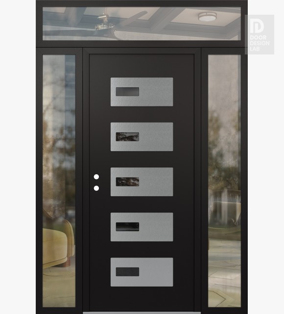 Modern Steel Front Door Diamond D7 60" x 96" black/black mirrored Glass Panel stainless steel RHI with 2 Sidelites and Transom clear Glass