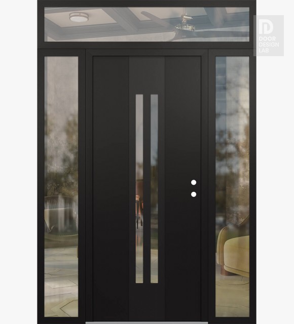 Modern Steel Front Door DIAMOND A8 64" X 96" BLACK/BLACK CLEAR GLASS PANEL BLACK LHI WITH 2 SIDELITES AND TRANSOM CLEAR GLASS