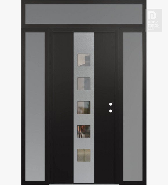 Modern Steel Front Door DIAMOND A13 64" X 96" BLACK/BLACK CLEAR GLASS PANEL STAINLESS STEEL LHI WITH 2 SIDELITES AND TRANSOM FROSTED GLASS