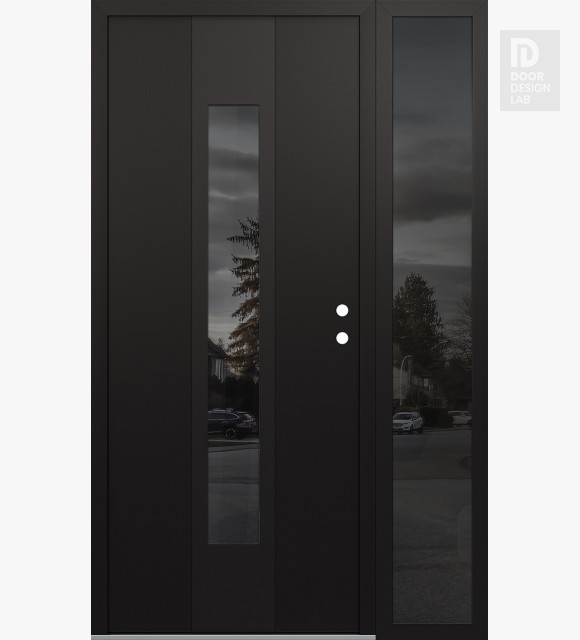 Modern Steel Front Door DIAMOND A1 48" X 80" BLACK/BLACK MIRRORED GLASS PANEL BLACK LHI WITH SIDELITE MIRRORED GLASS