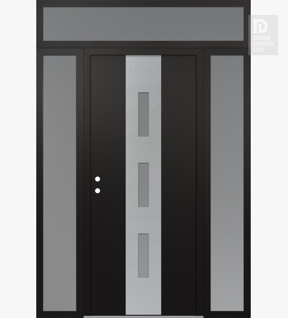 Modern Steel Front Door DIAMOND A7 60" X 96" BLACK/WHITE FROSTED GLASS PANEL STAINLESS STEEL RHI WITH 2 SIDELITES AND TRANSOM FROSTED GLASS