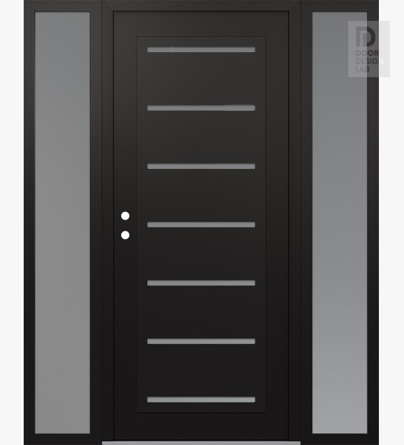 Modern Steel Front Door Diamond C11 64" x 80" black/white frosted Glass Panel black RHI with 2 Sidelites frosted Glass