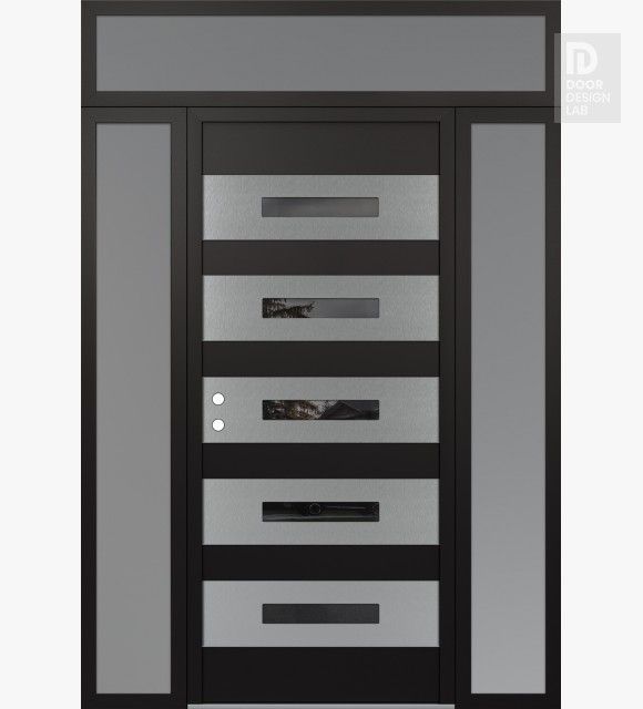 Modern Steel Front Door Diamond D9 60" x 96" black/black mirrored Glass Panel stainless steel RHI with 2 Sidelites and Transom frosted Glass