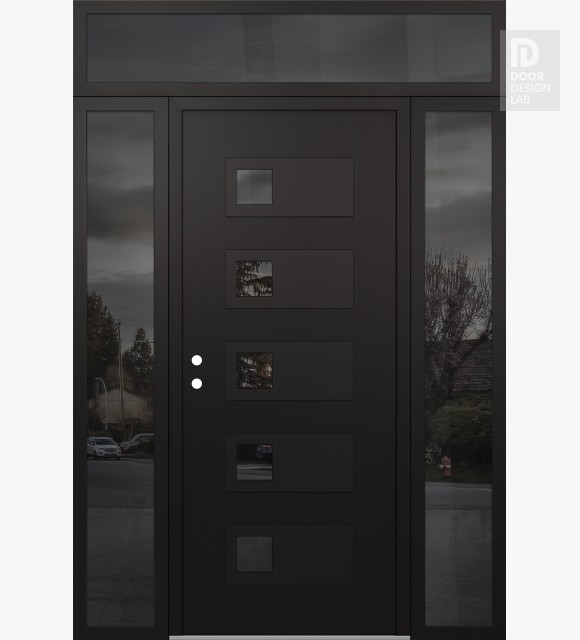 Modern Steel Front Door Diamond D2 60" x 96" black/black mirrored Glass Panel black RHI with 2 Sidelites and Transom mirrored Glass