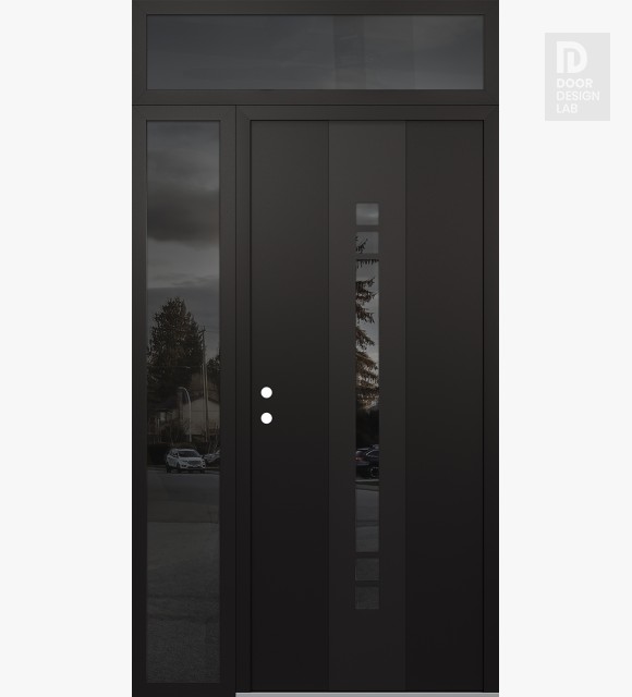 Modern Steel Front Door DIAMOND A4 52" X 96" BLACK/BLACK MIRRORED GLASS PANEL BLACK RHI WITH SIDELITE AND TRANSOM MIRRORED GLASS