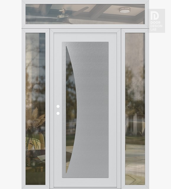 Modern Steel Front Door Diamond C13 68" x 96" white/white clear Glass Panel stainless steel RHI with 2 Sidelites and Transom clear Glass