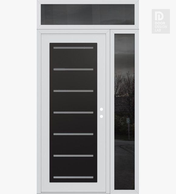 Modern Steel Front Door Diamond C11 50" x 96" white/white frosted Glass Panel black LHI with Sidelite and Transom mirrored Glass