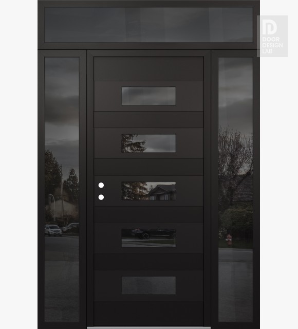 Modern Steel Front Door Diamond D5 68" x 96" black/black mirrored Glass Panel black RHI with 2 Sidelites and Transom mirrored Glass