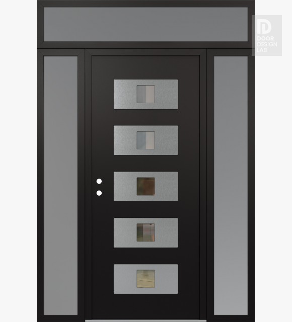 Modern Steel Front Door Diamond D8 60" x 96" black/black clear Glass Panel stainless steel RHI with 2 Sidelites and Transom frosted Glass