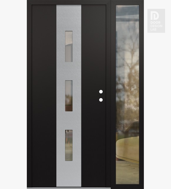 Modern Steel Front Door DIAMOND A7 48" X 80" BLACK/BLACK CLEAR GLASS PANEL STAINLESS STEEL LHI WITH SIDELITE CLEAR GLASS