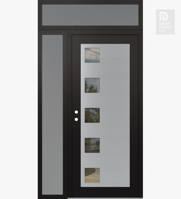 Modern Steel Front Door Diamond C5 48" x 96" black/black clear Glass Panel stainless steel RHI with Sidelite and Transom frosted Glass