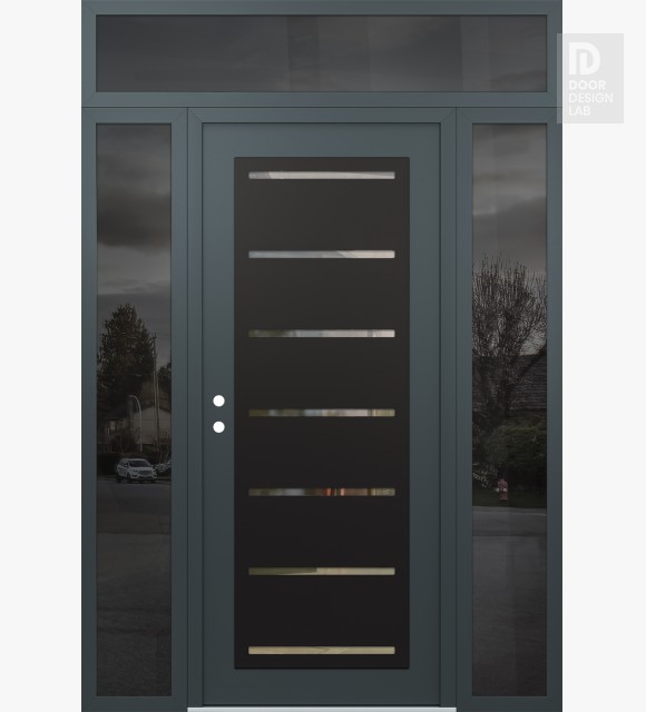 Modern Steel Front Door Diamond C11 60" x 96" anthracite/anthracite clear Glass Panel black RHI with 2 Sidelites and Transom mirrored Glass