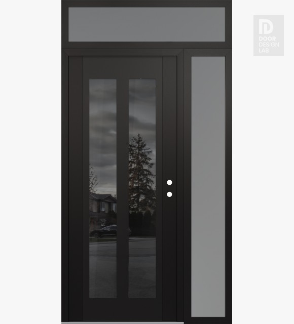 Modern Steel Front Door Diamond C14 52" x 96" black/black mirrored Glass Panel black LHI with Sidelite and Transom frosted Glass