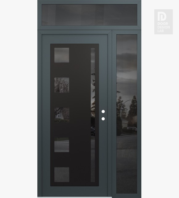 Modern Steel Front Door Diamond C3 52" x 96" anthracite/anthracite mirrored Glass Panel black LHI with Sidelite and Transom mirrored Glass