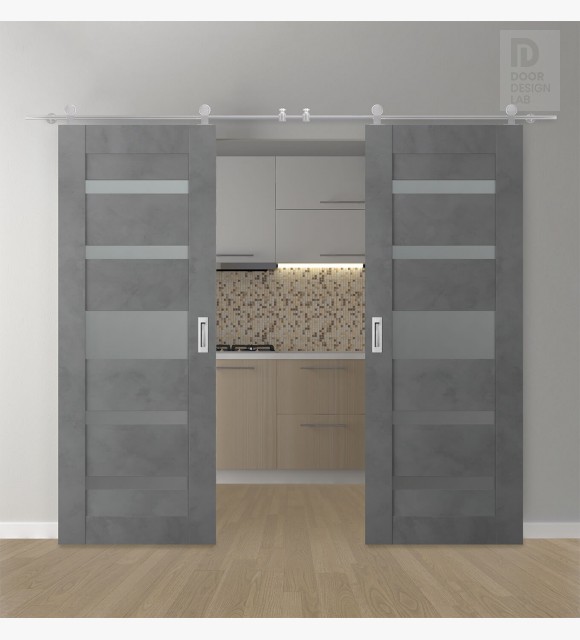 DOUBLE BARN DOOR AVON 07-05 VETRO DARK URBAN 64" X 80" X 1 3/4" STAINLESS STEEL HARDWARE