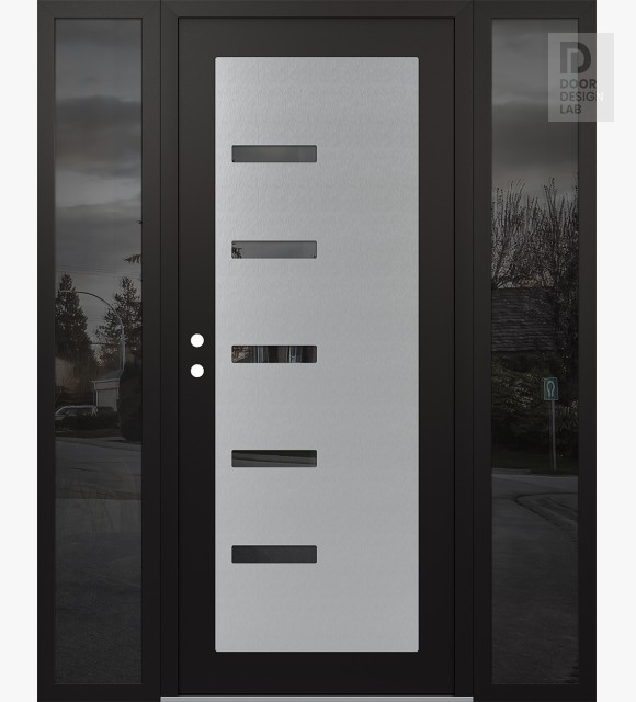 Modern Steel Front Door Diamond C8 68" x 80" black/black mirrored Glass Panel stainless steel RHI with 2 Sidelites mirrored Glass