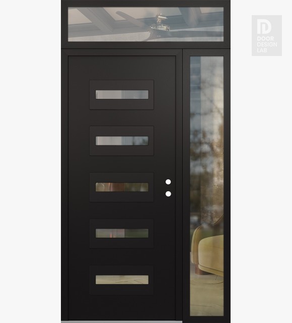 Modern Steel Front Door Diamond D4 52" x 96" black/black clear Glass Panel black LHI with Sidelite and Transom clear Glass